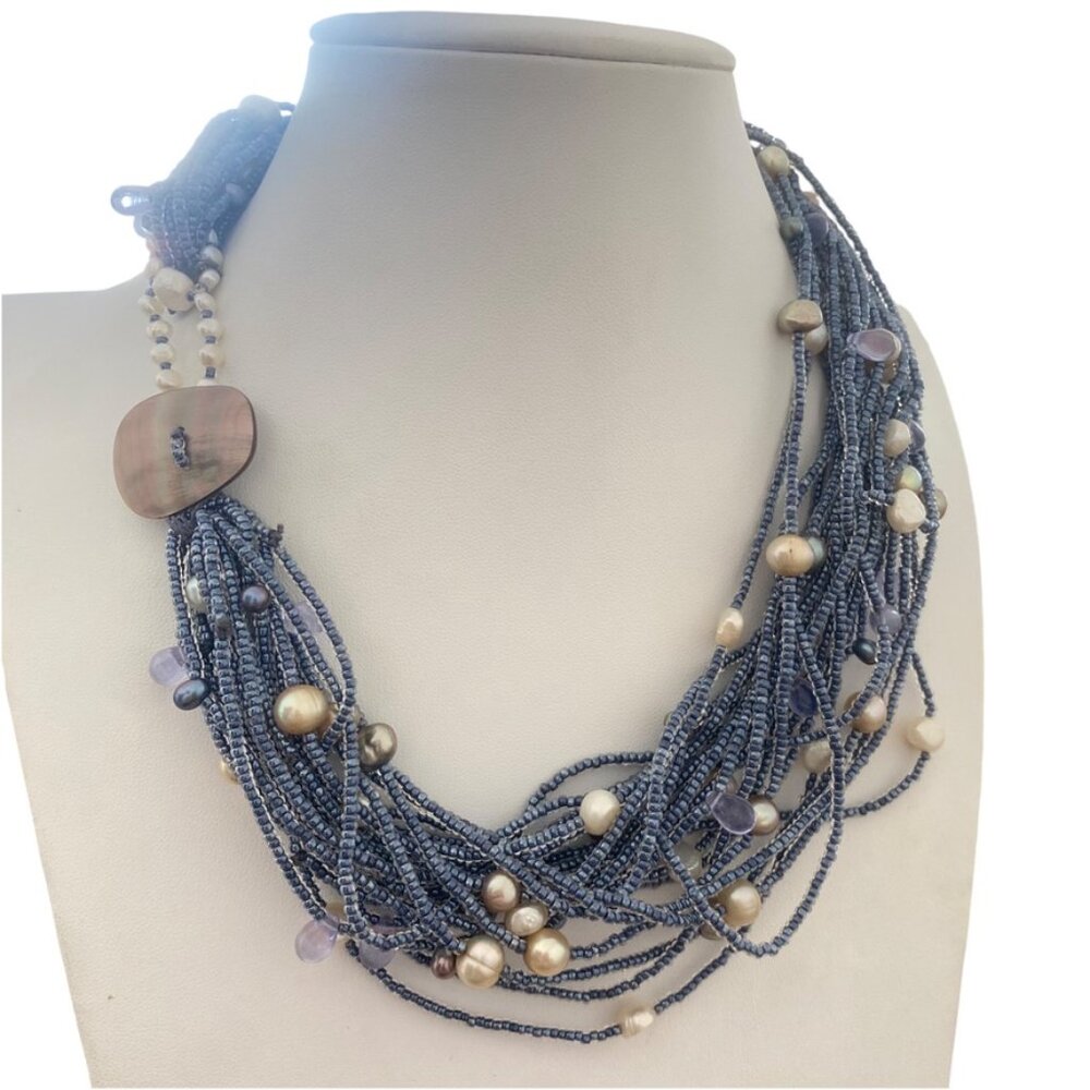 Vintage Tanner Chucnky multistrand necklace with freshwater pearls blue Iconic - Picture 11 of 16
